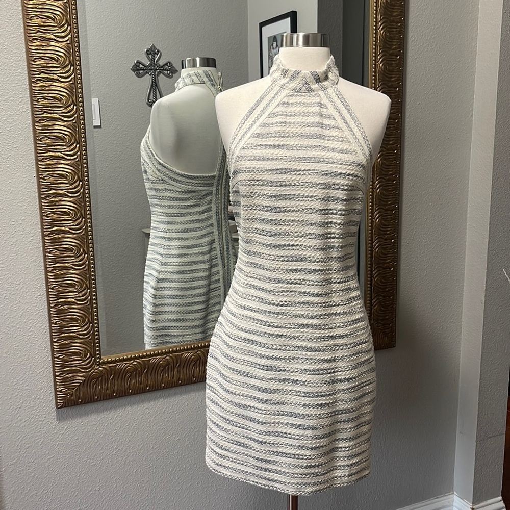 Badgley Mischka Cream and Gray Striped Halter Sheath Dress